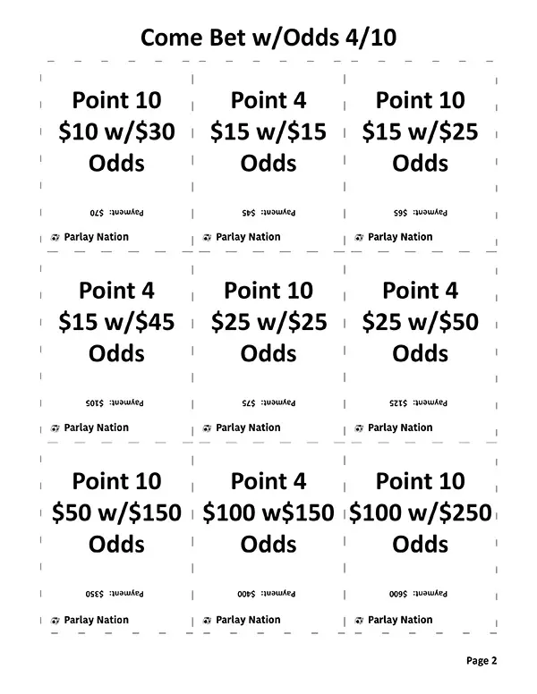 Practice Come Bet with Odds Payments 4 & 10