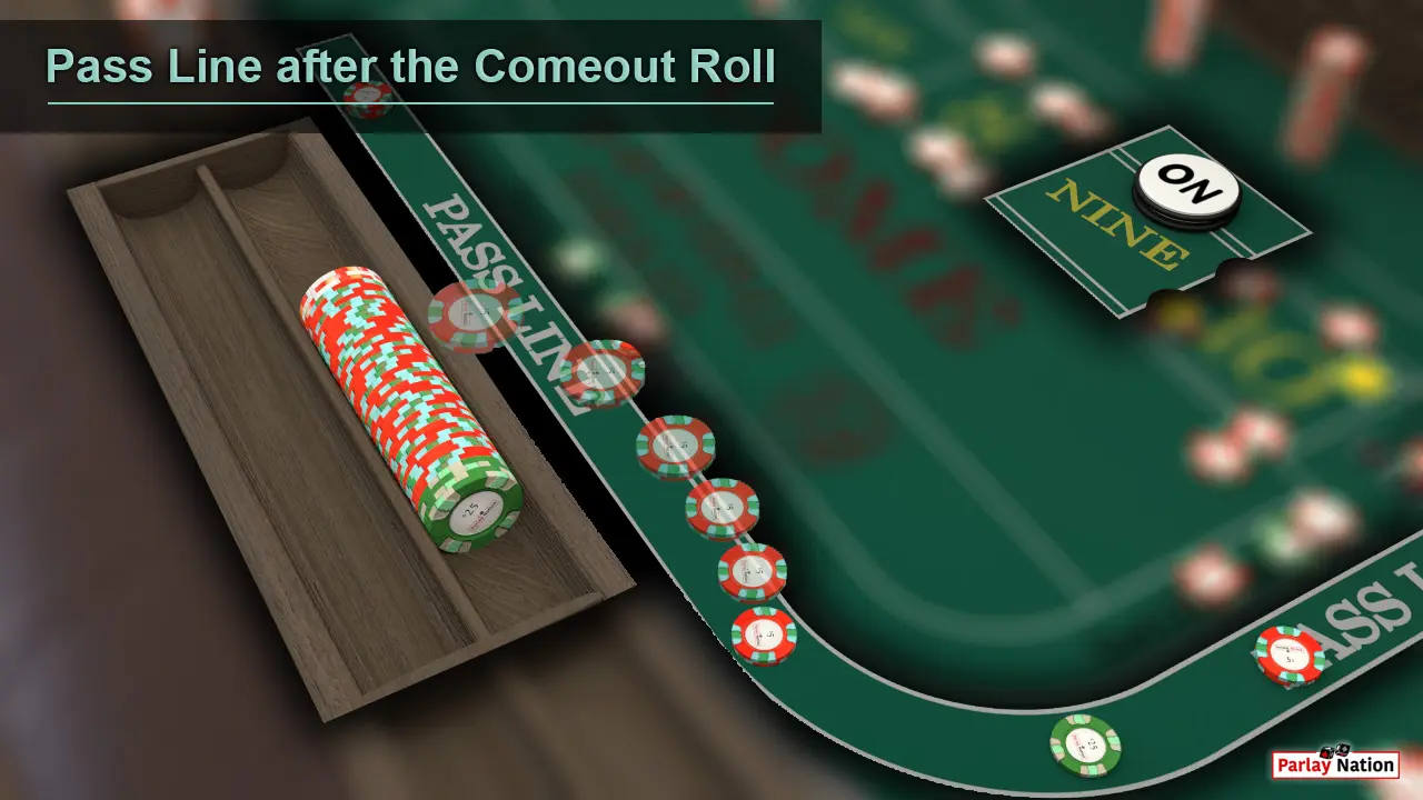 A chip is moving from the rail of the craps table to the pass line bet on the layout. The puck is on and on the point nine.
