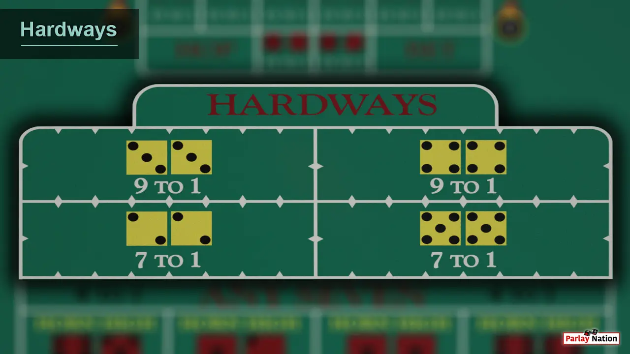 Up close view of the Hardway Section on the craps table. There are no cheques on the table.