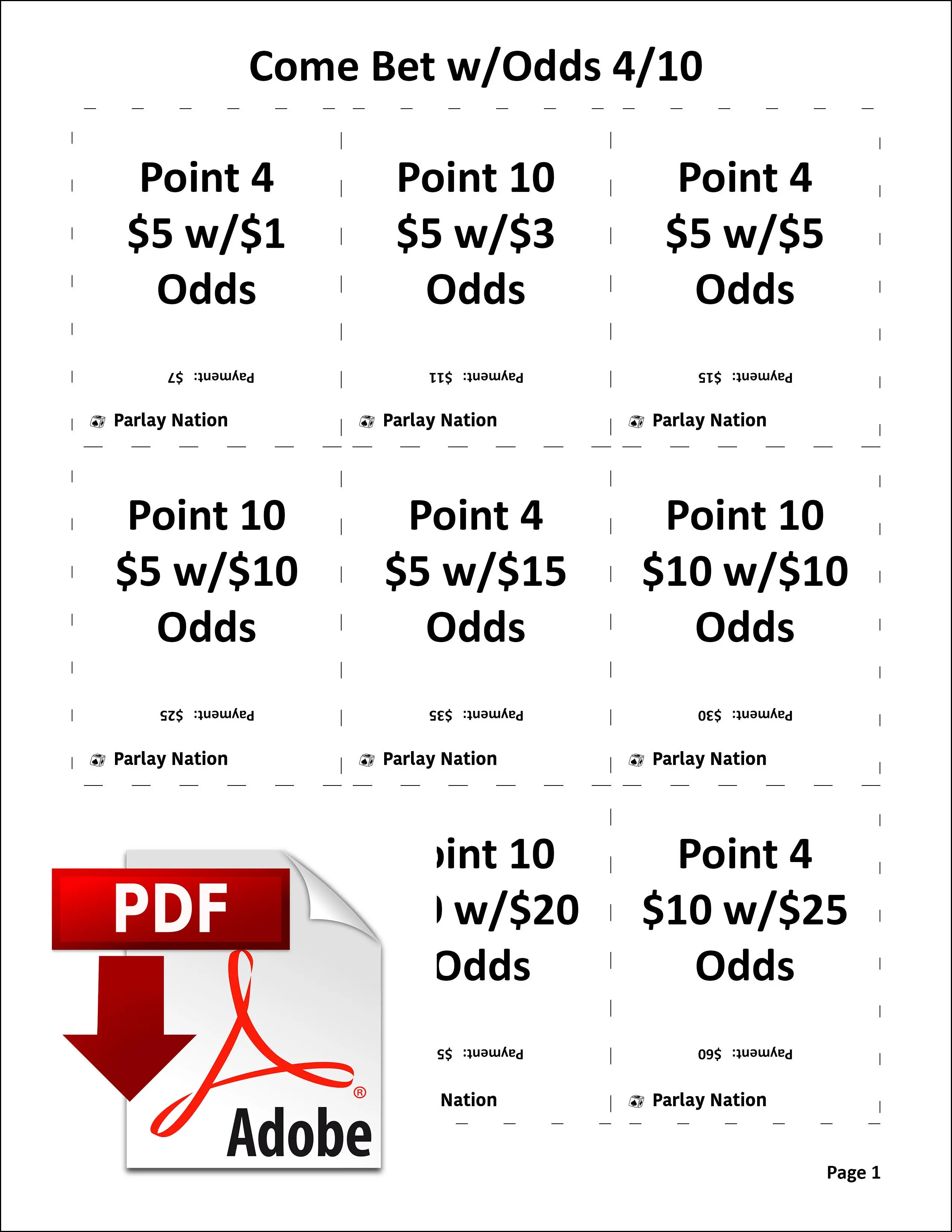Come Bet w/Odds Payments 4 & 10 cover sheet.