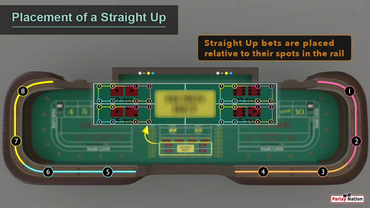 Up close overhead view of the stright up bets and the craps table rail. There are eight on the layout that correspond with the rail.