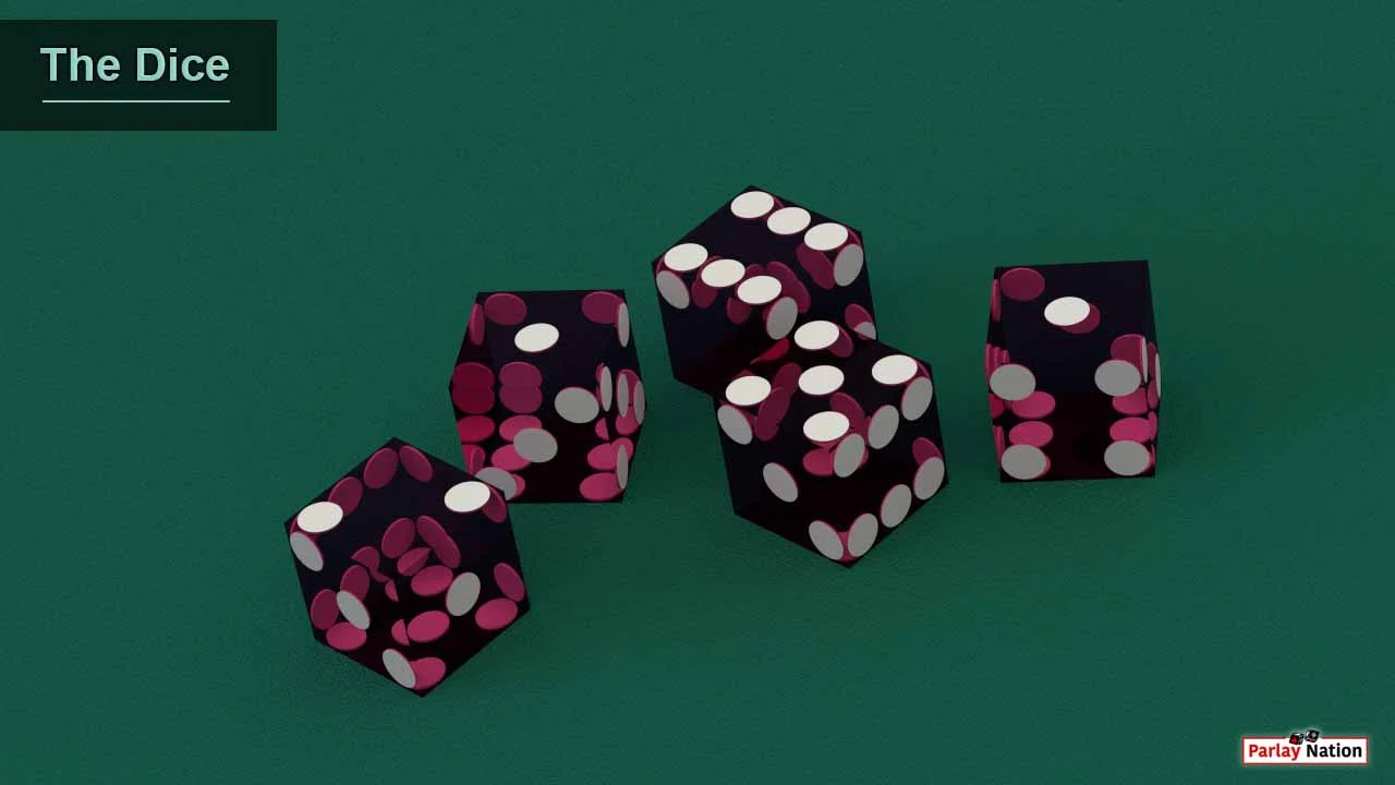 Five maroon colored craps dice sitting on green felt.