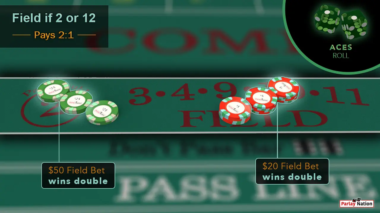 Two bets in the field paid double. Two green dice read 1-1. Two bubbles read wins double.